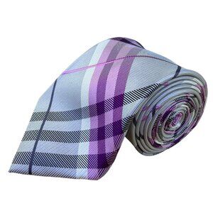 Croft & Barrow Mens Purple & Gray 100% Silk Plaid Tie Hand Made Business/Party